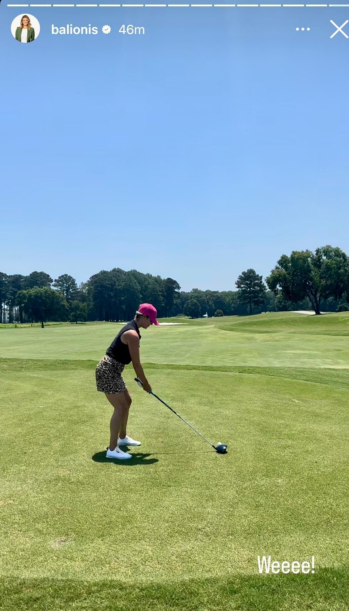 Amanda Balionis's Instagram story, featuring her teeing off at the golf course